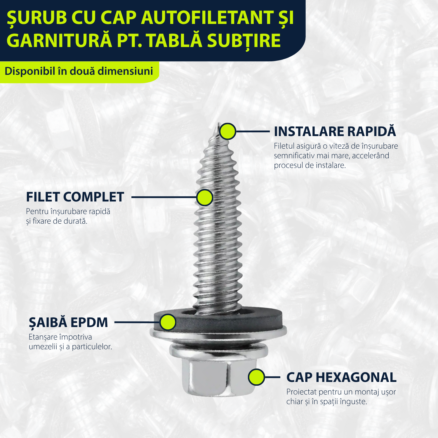 Șurub cu cap autofiletant și garnitură pt. tablă subțire, Inox A2, Bimetal, SW8, ETA