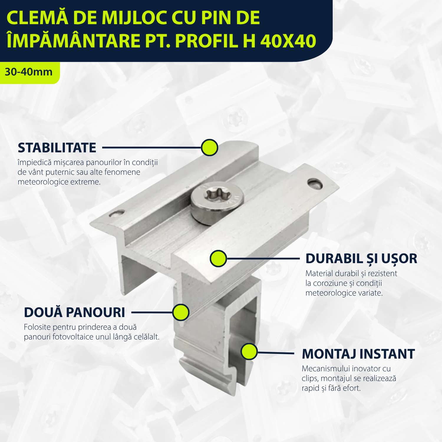 Clemă de mijloc universala 30-40mm rapida cu pin împământare pt. profil H 40x40mm, fixare panouri solare fotovoltaice