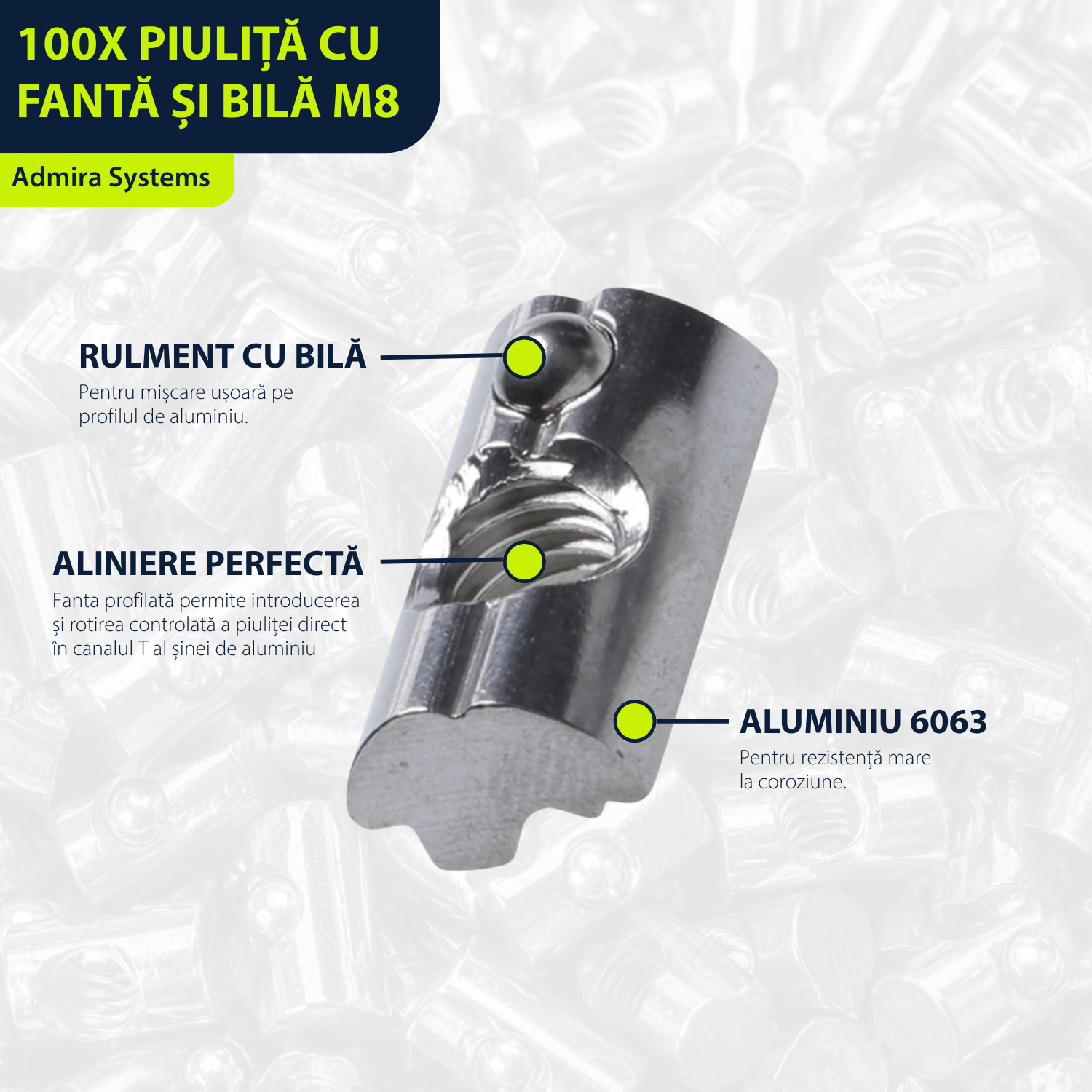 100x Piuliță cu fantă și bilă M8
