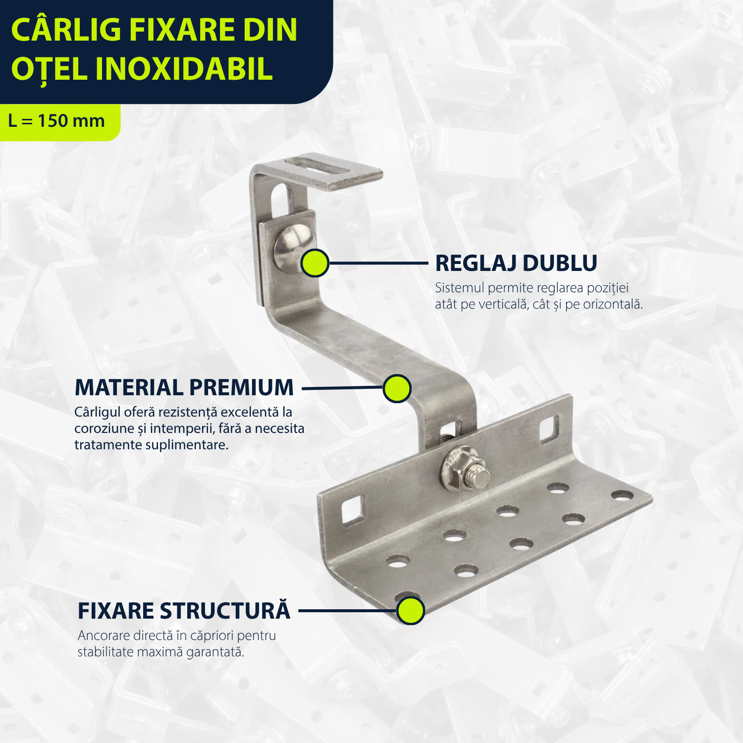 Cârlig fixare din oțel inoxidabil, dublu reglabil, pentru acoperiș țiglă ceramică sau beton, L=150 mm