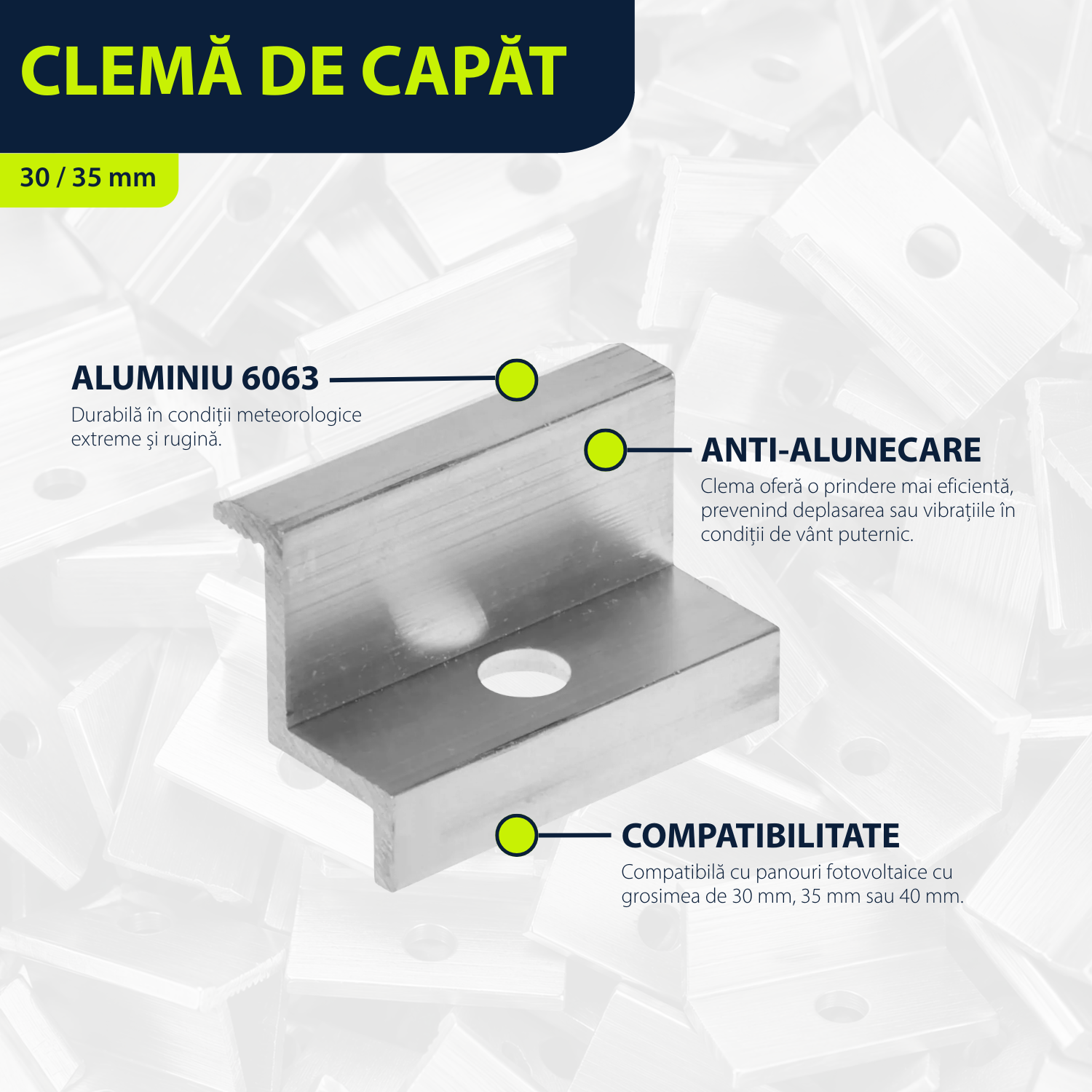 Clemă de capăt pentru fixare panouri solare fotovoltaice