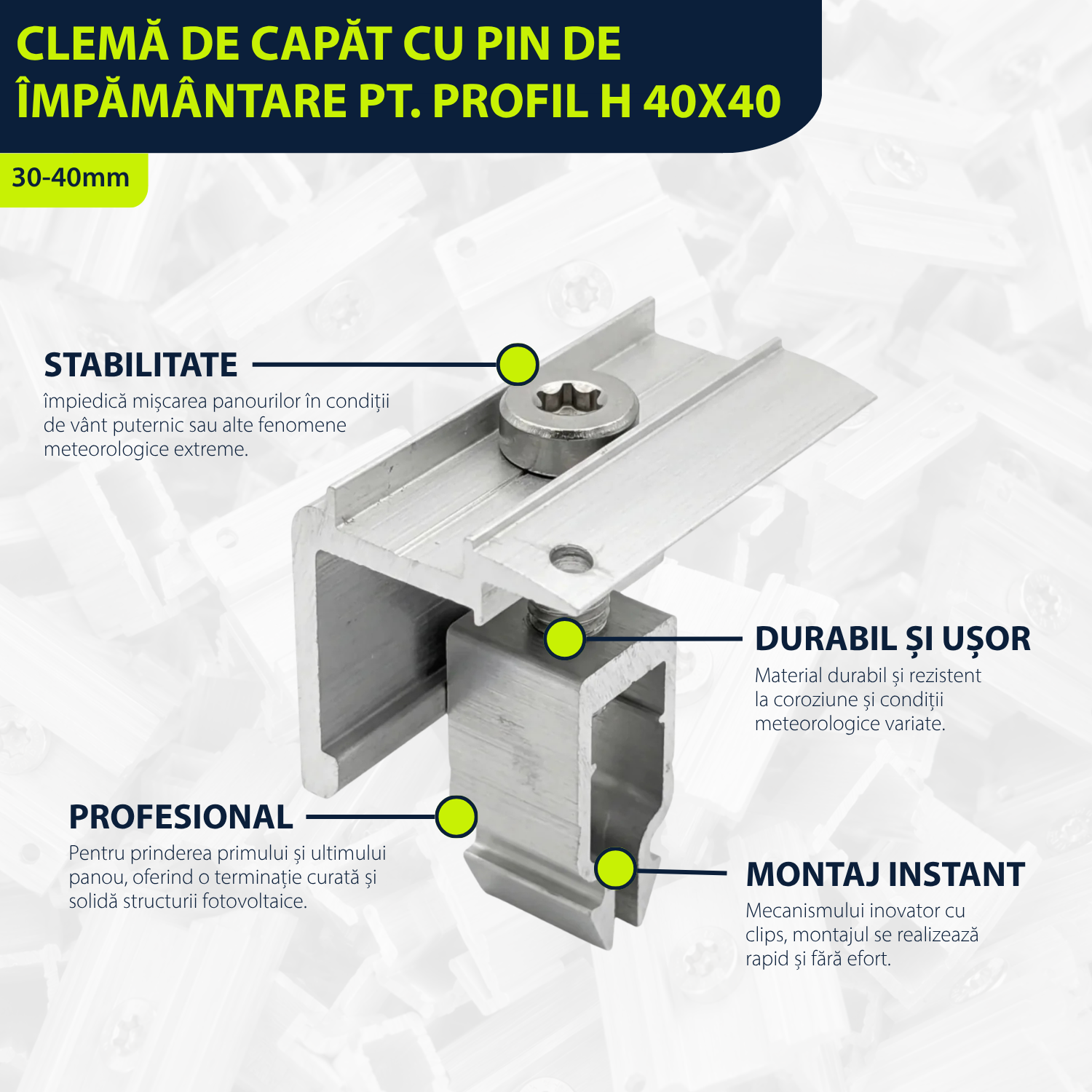 Clemă de capat universala 30-40mm rapida cu pin împământare pt. profil H 40x40mm, fixare panouri solare fotovoltaice