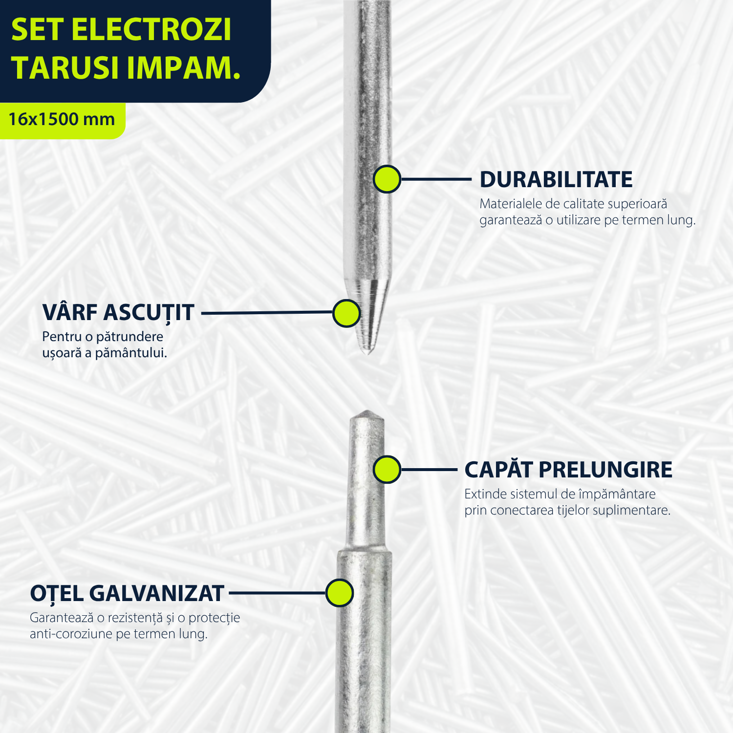 Set electrozi tarusi de impamantare 16x1500 mm + conector platbanda