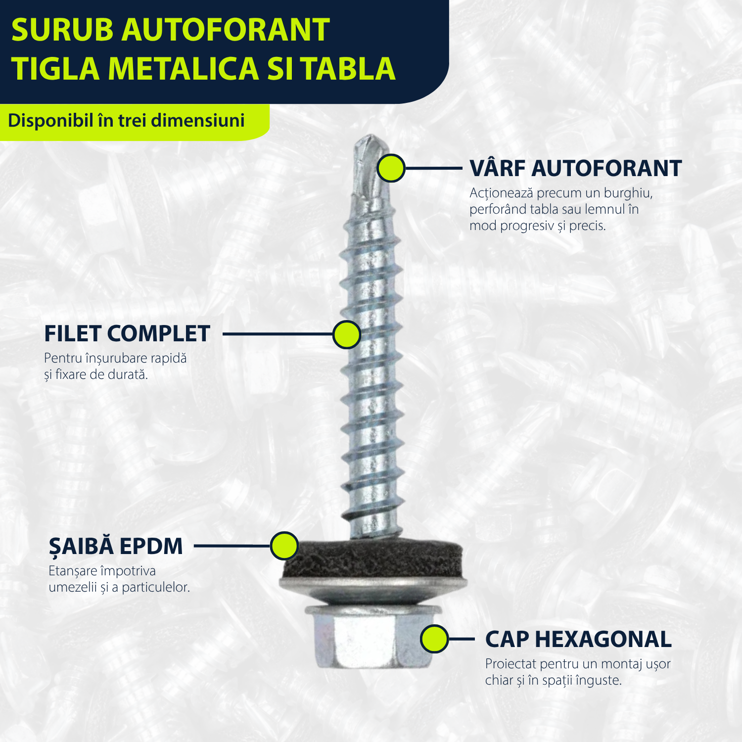 Surub autoforant pt. tigla metalica sau tabla, cap hexagonal, saiba EPDM