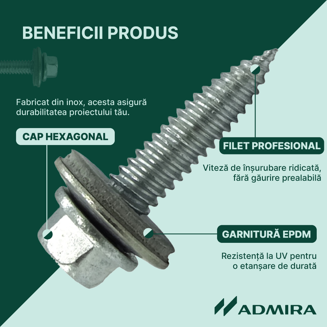 100x Șurub cu cap autofiletant și garnitură pt. tablă subțire, Inox A2, Bimetal, SW8, ETA