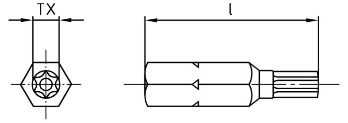 Bit siguranta pentru surub cap stea - 1/4" x 25 TX - PIN 10 mm